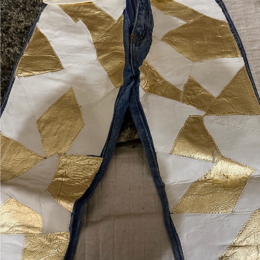 Rare 3/4 sleeve Vneck top an Gold and White leather Skinny Jean  hand made by me - Picture 3 of 3